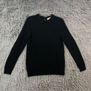 Loft Sweater Womens Medium Wool Blend Lightweight Black Embellished Collar L/S